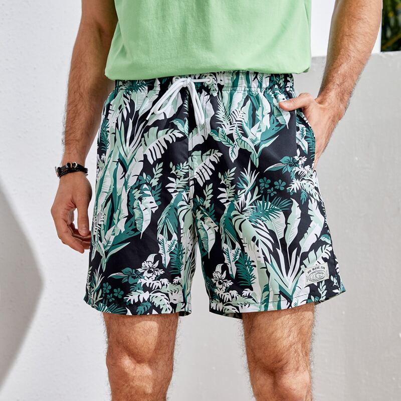 

Guys Tropical Print Drawstring Swim Trunks, Multicolor