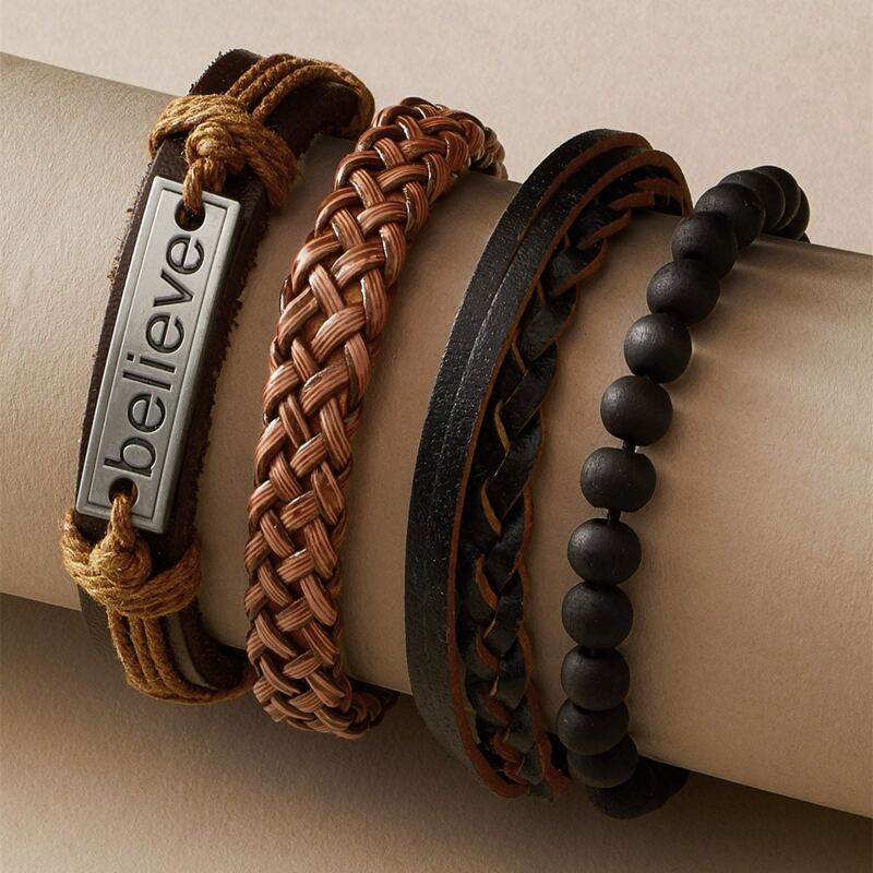 

4pcs Braided Bracelet Set, Brown