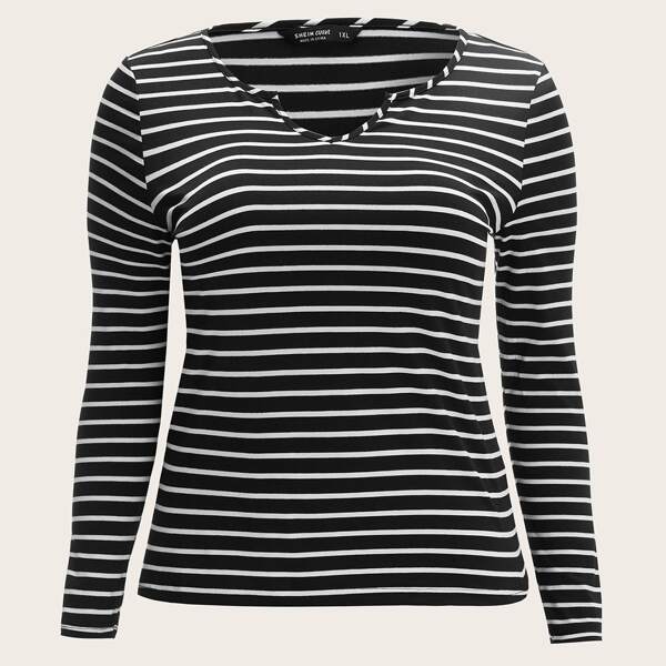 

Plus Notched Neck Striped Top, Black and white