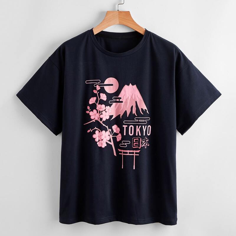 

Floral & Letter Graphic Tee, Navy blue