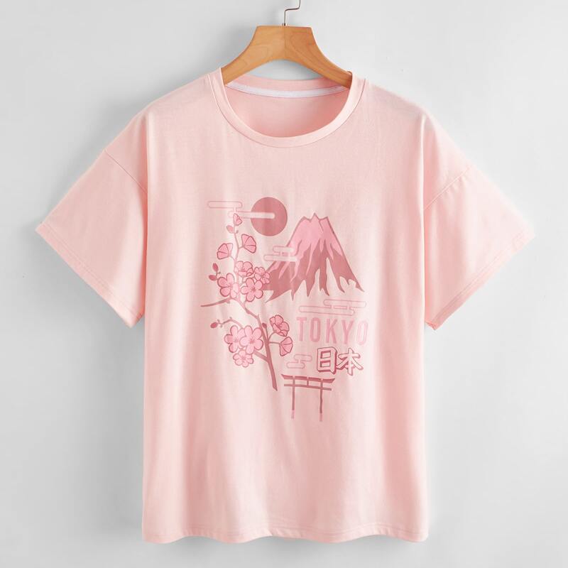 

Floral & Letter Graphic Tee, Baby pink