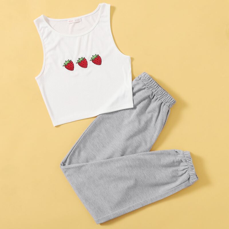 

Strawberry Embroidery Crop Tank & Sweatpants, Multicolor