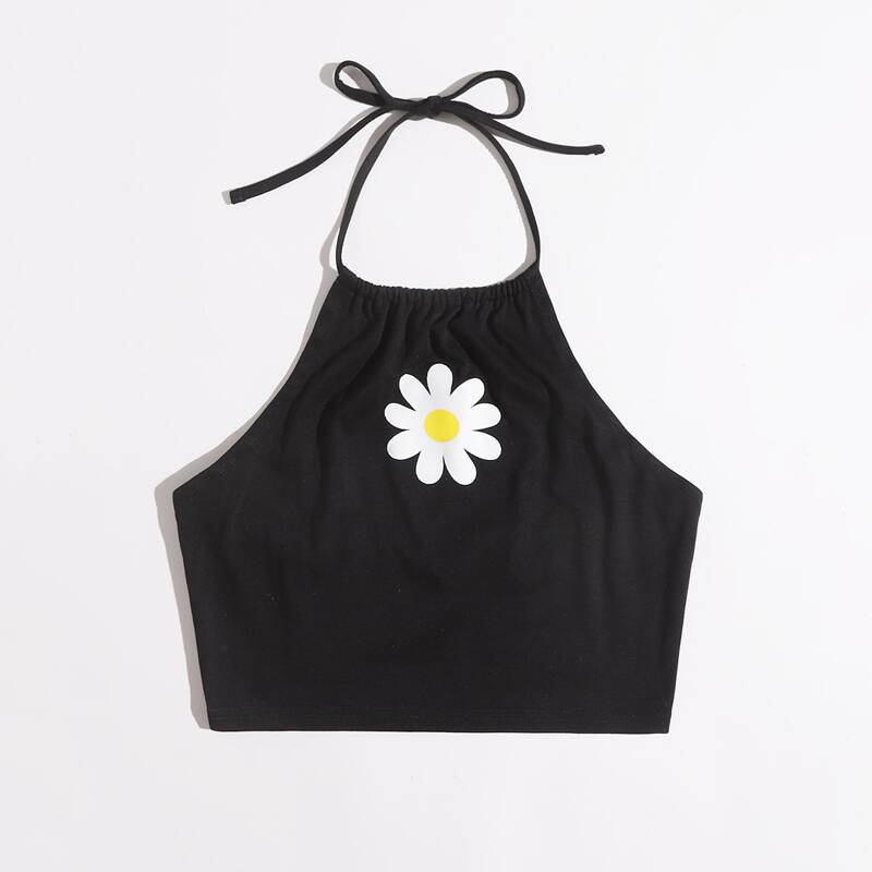 

Floral Print Halter Crop Top, Black