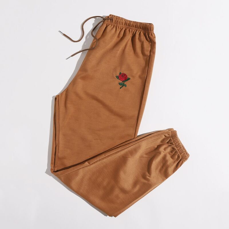 

Floral Embroidery Drawstring Sweatpants, Camel