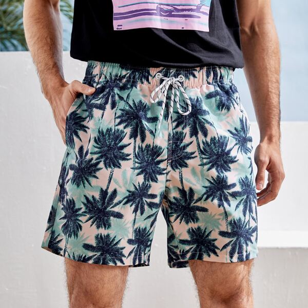 

Men Palm Tree Print Drawstring Waist Swim Trunks, Multicolor