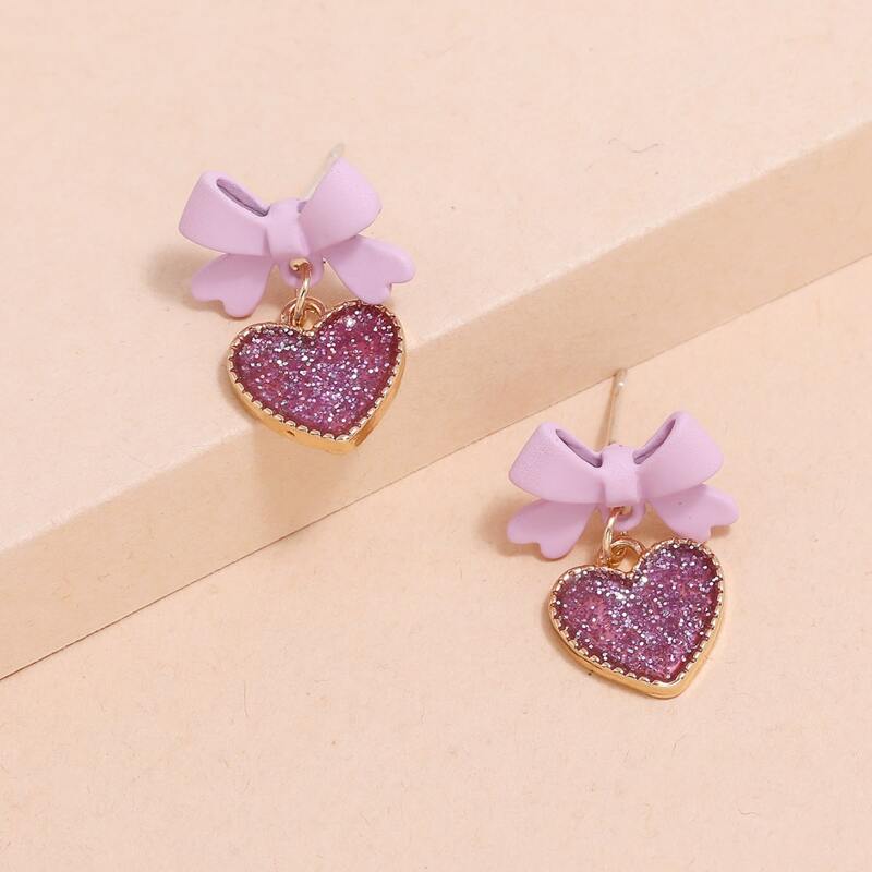 

Bow & Heart Drop Earrings, Purple