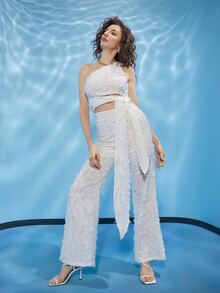 SHEIN One Shoulder Tie Side Fuzzy Top - White - View 6