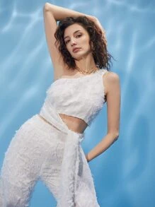 SHEIN One Shoulder Tie Side Fuzzy Top - White - View 1