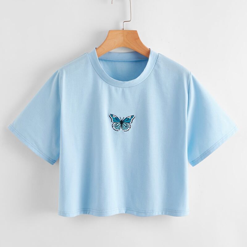 

Butterfly Embroidery Crop Tee, Baby blue