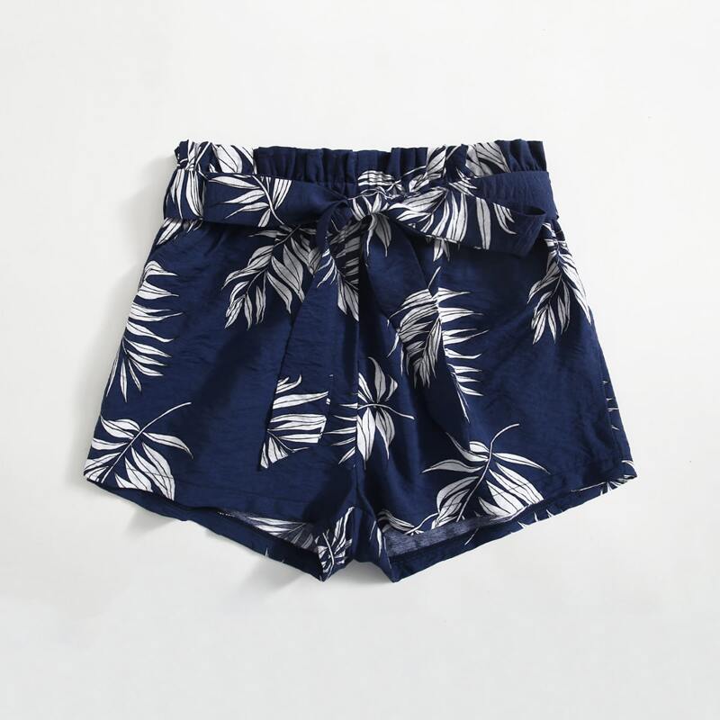 

Leaf Print Paperbag Waist Belted Shorts, Navy blue
