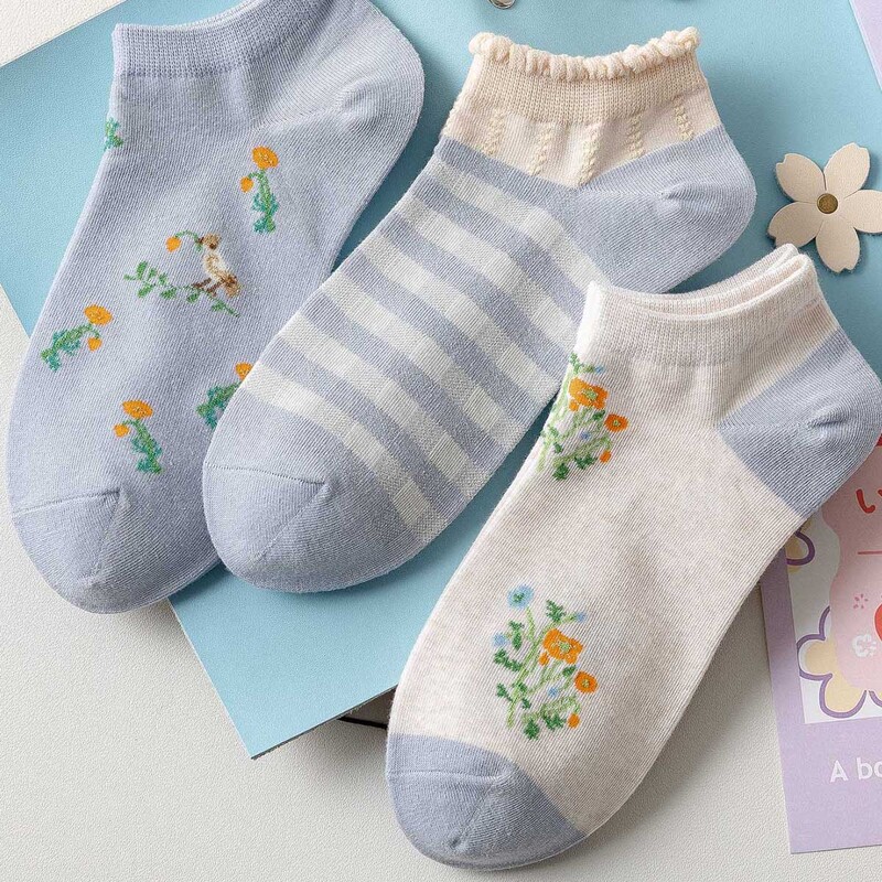 

3pairs Floral & Striped Ankle Socks, Multicolor