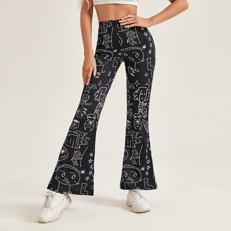 

Flare Leg Cartoon Graphic Pants, Black