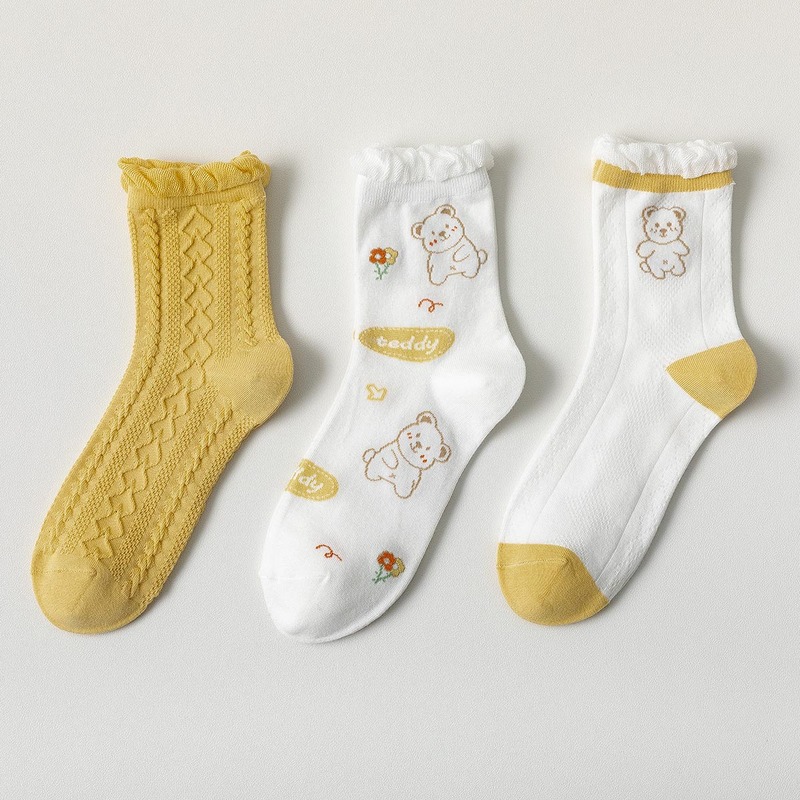 

3pairs Cartoon Bear Crew Socks, Multicolor