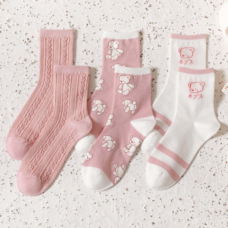 

3pairs Cartoon Bear Crew Socks, Multicolor