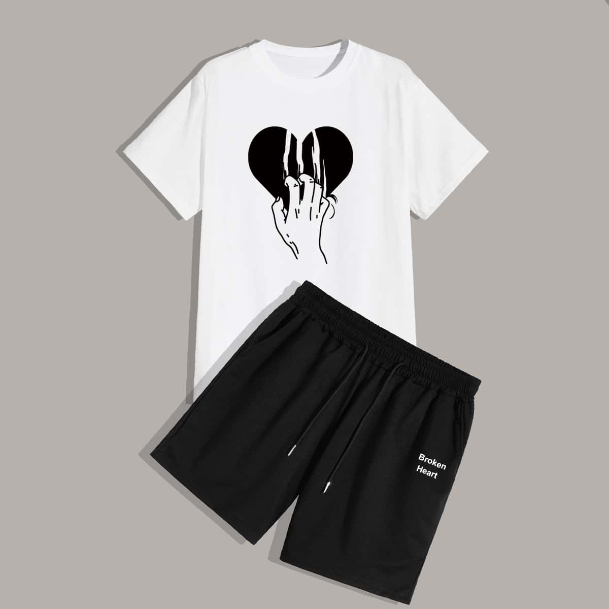 

Guys Broken Heart Tee & Shorts, Black and white