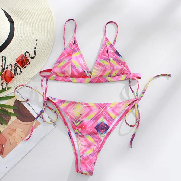 

Geo Print Triangle Tie Side Bikini Swimsuit, Multicolor