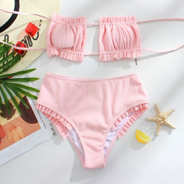 

Frill Trim Bandeau Bikini Swimsuit, Pastel baby pink