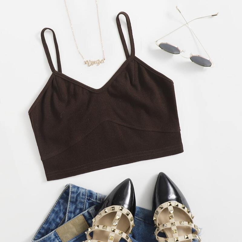 

Rib-knit Crop Cami Top, Chocolate brown