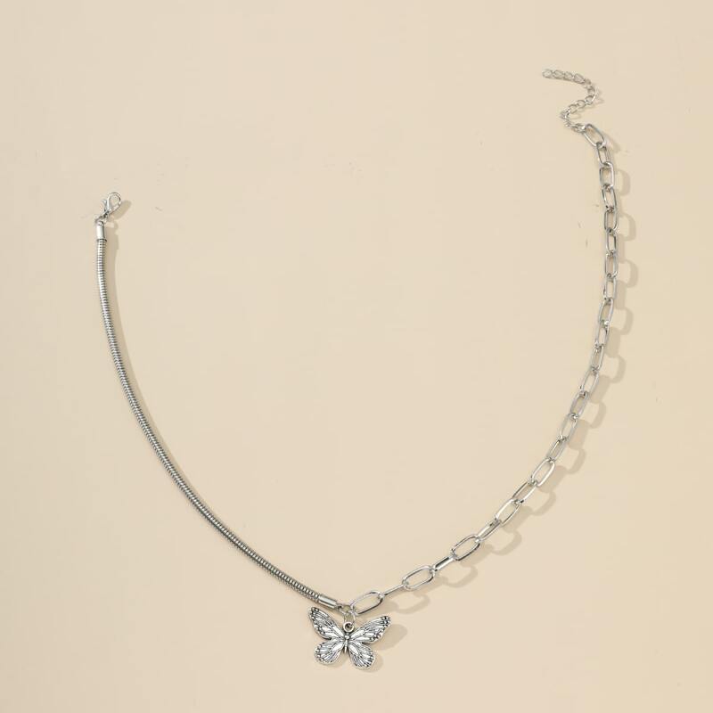

1pc Butterfly Charm Chain Necklace, Antique silver