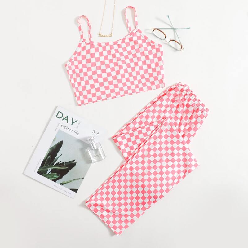 

Checker Print Cami Top & Pants Pajama Set, Multicolor
