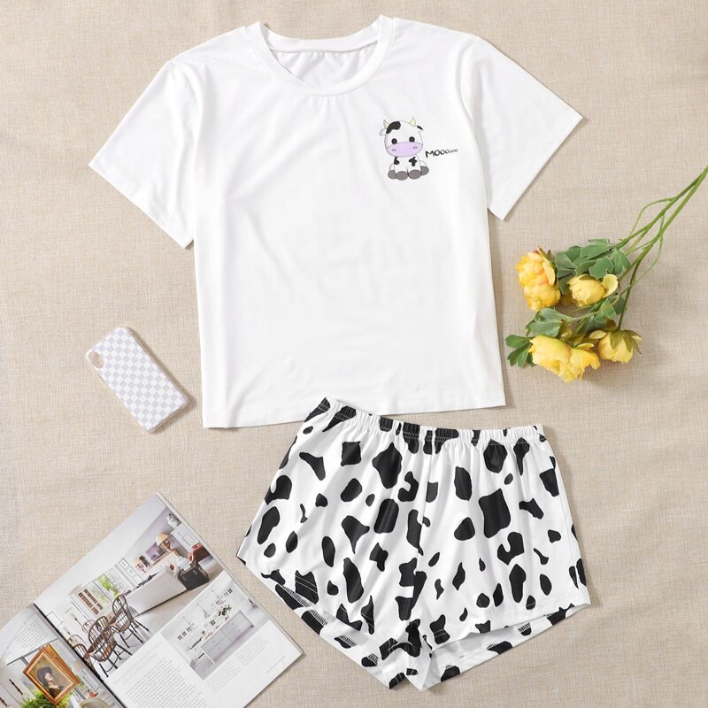 

Cartoon Graphic Tee & Shorts Pajama Set, Black and white