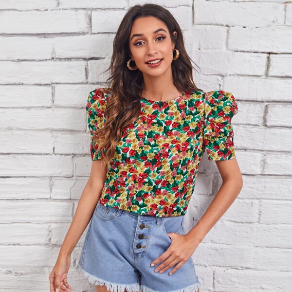 

Puff Sleeve Floral Top, Multicolor