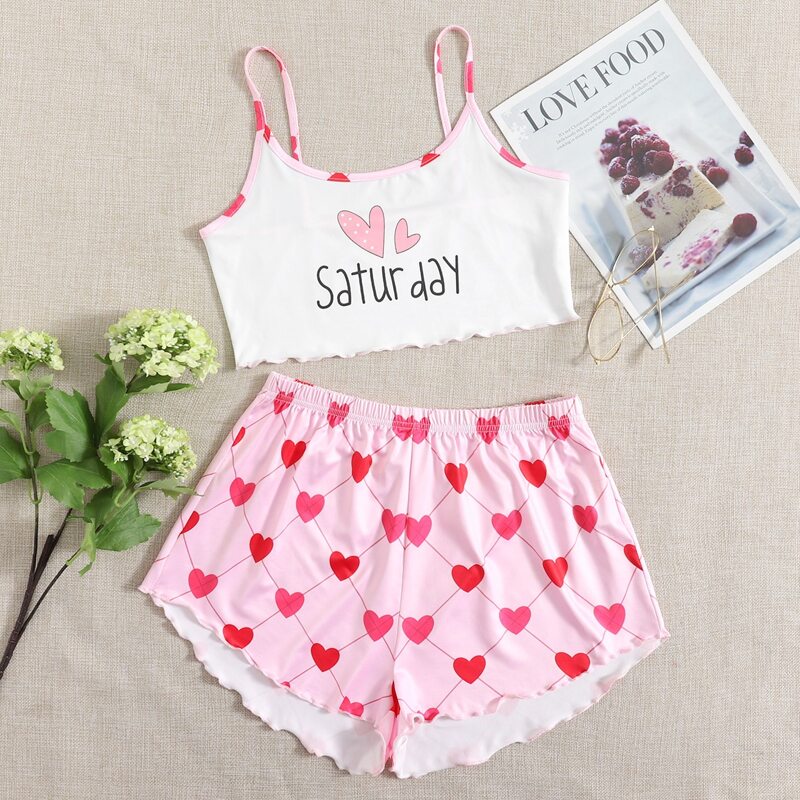 

Heart Print Lettuce Trim Cami Pajama Set, Multicolor