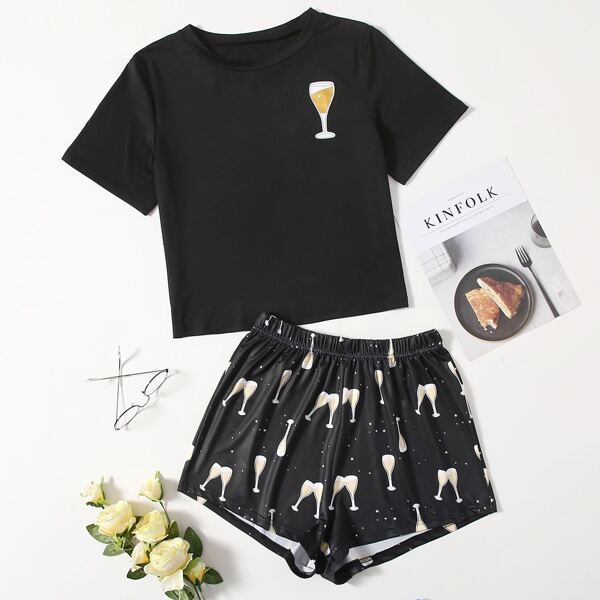 

Wine Glass Print Tee & Shorts Pajama Set, Black