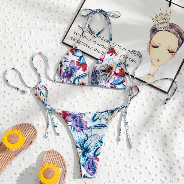 

Floral Triangle Tie Side Bikini Swimsuit, Multicolor