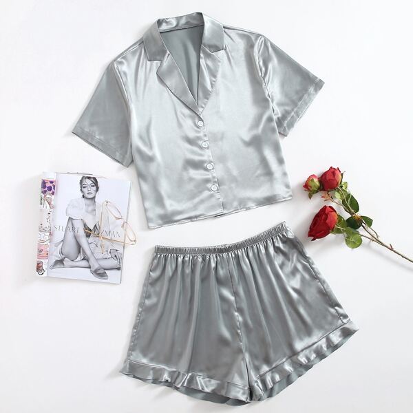 

Plus Satin Lapel Collar Ruffle Hem Pajama Set, Grey