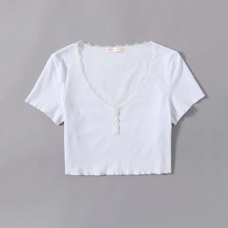 

Lace Trim Button Front Tee, White