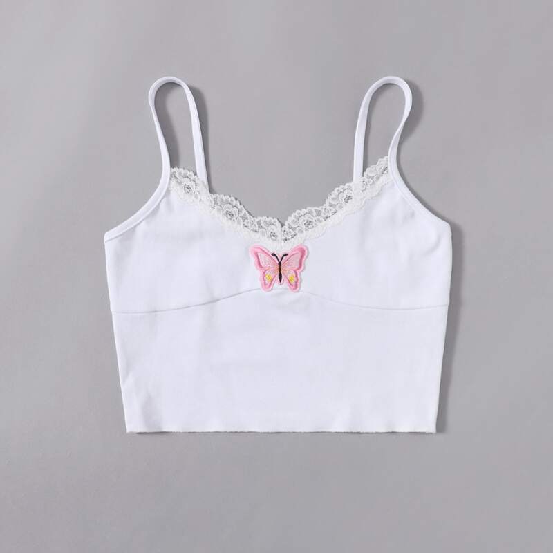 

Butterfly Embroidery Lace Trim Cami, White