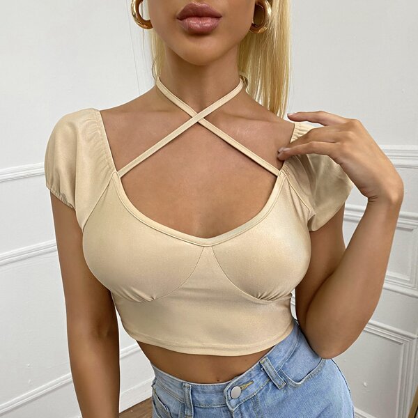 

Solid Tie Back Crop Tee, Beige
