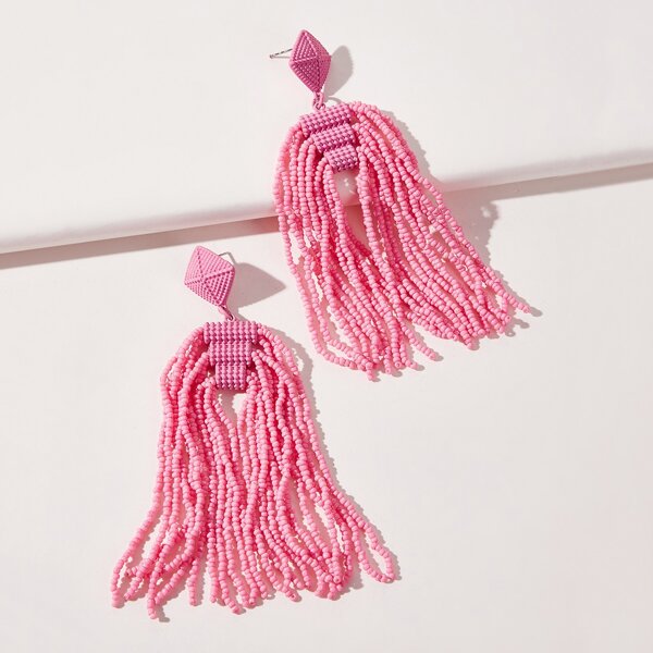 

Seed Bead Tassel Earrings, Pink