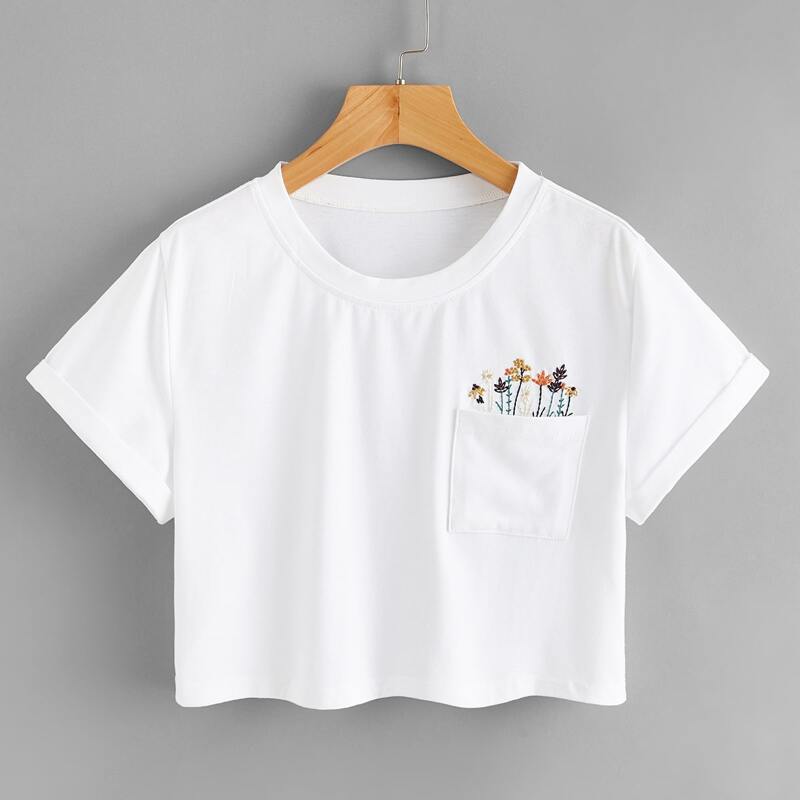 

Flower Embroidery Pocket Crop Tee, White