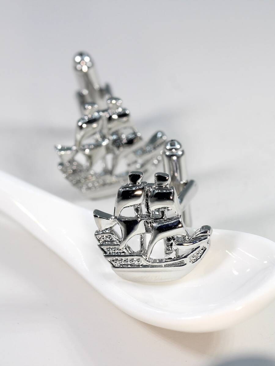 1 Pair Silver Sailboat Cufflinks For Men - Silver - View 1