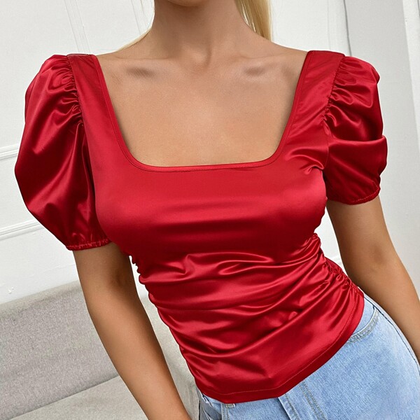 

Satin Ruched Back Crop Blouse, Burgundy