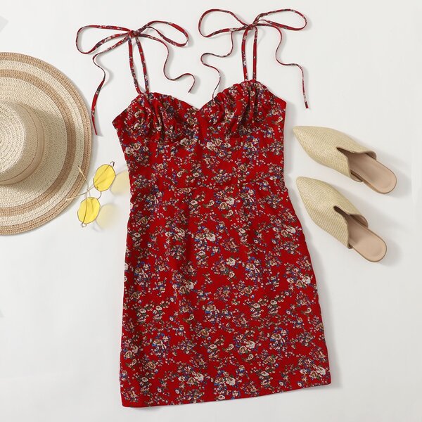 

Knot Strap Ruched Bust Ditsy Floral Dress, Red