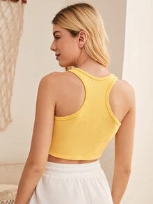 SHEIN Press Buttoned Front Racerback Crop Tank Top - Yellow - View 2
