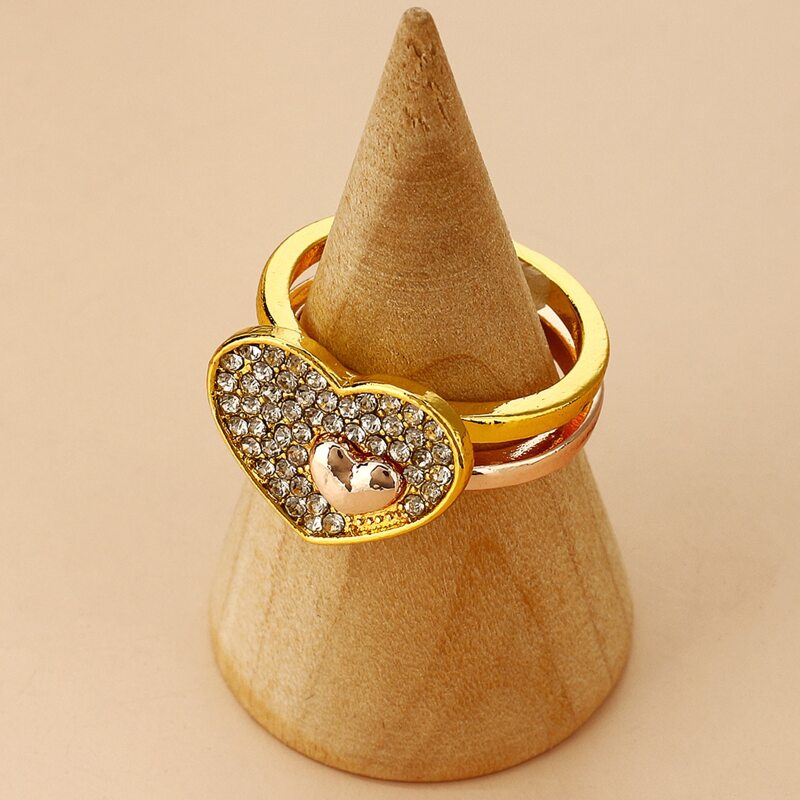 

2pcs Rhinestone Heart Ring, Gold