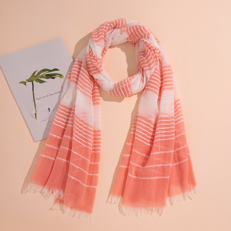 

Fringe Trim Striped Scarf, Pink