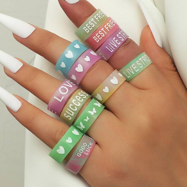 

12pcs Letter Graphic Silicone Ring, Multicolor