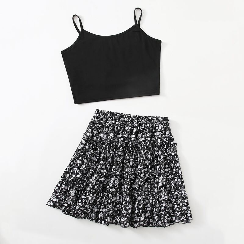 

Solid Cami & Ditsy Floral Skirt, Black
