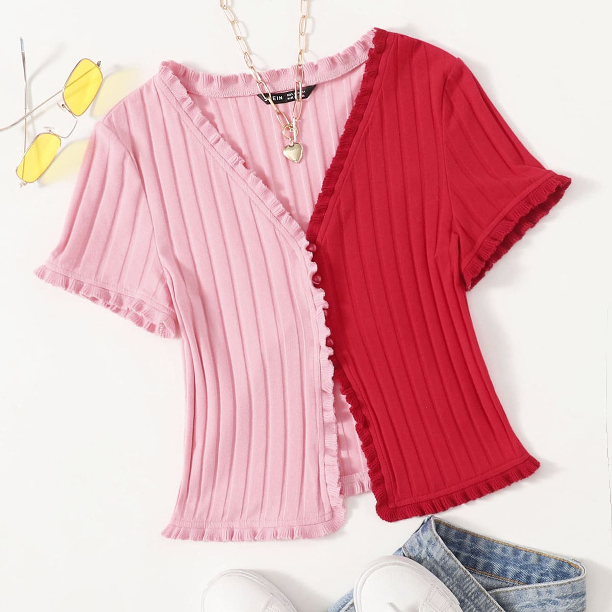 

Single Breasted Frilled Spliced Tee, Multicolor