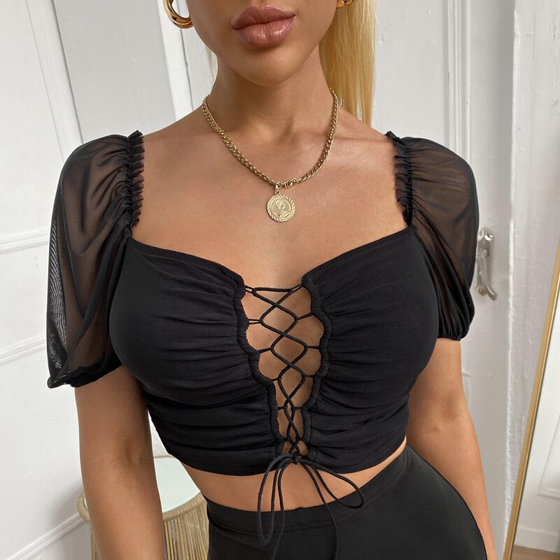 

Lace Up Mesh Sleeve Milkmaid Top, Black