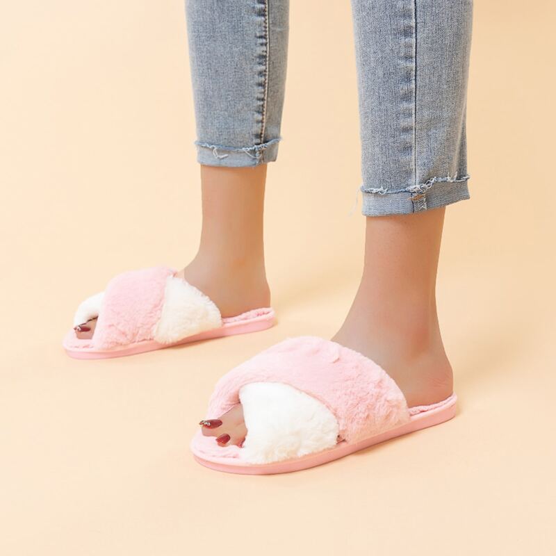 

Fluffy Cross Band Slippers, Pink