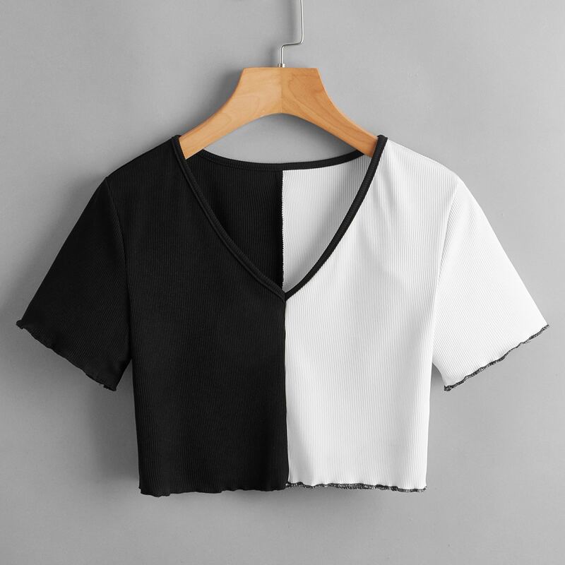 

V Neck Two Tone Crop Top, Black and white