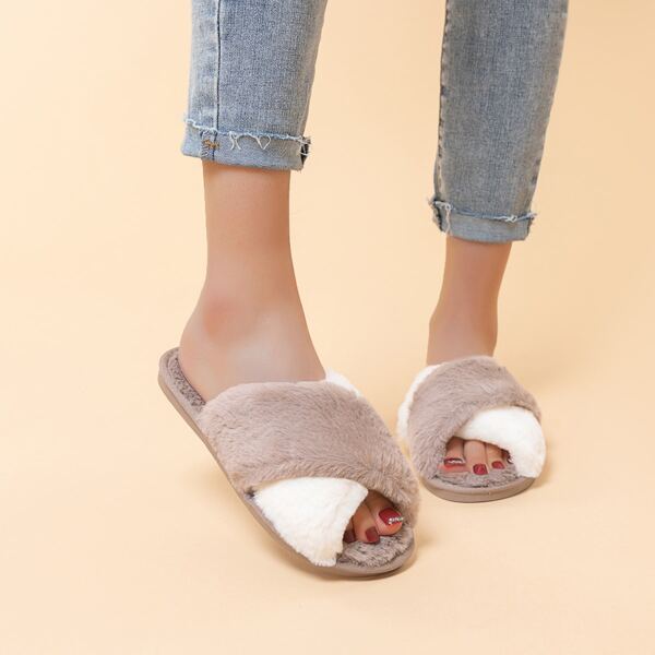 

Fluffy Cross Band Slippers, Khaki