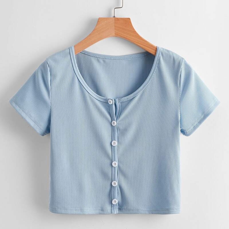 

Button Front Ribbed Tee, Dusty blue
