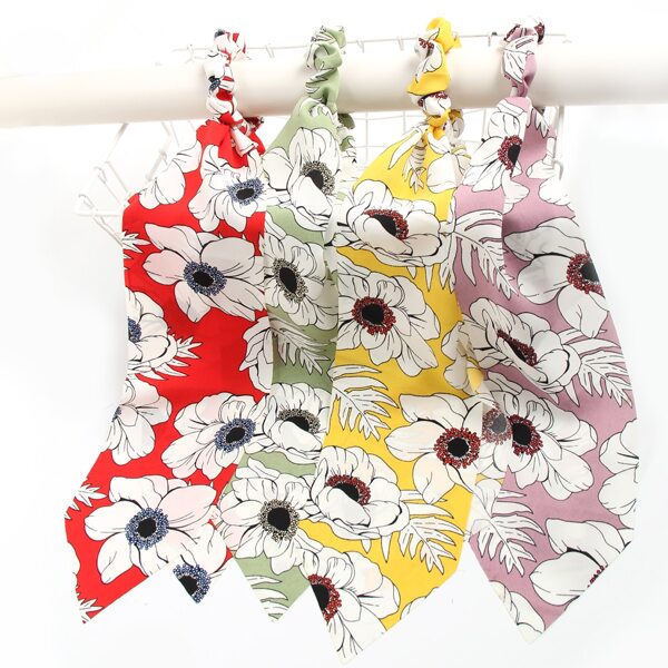 

4pcs Flower Print Scrunchie Scarf, Multicolor
